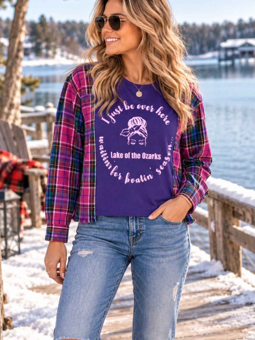 Lake of the Ozarks Flannel Tee Upcycled Oversized Graphic T-Shirt Size M - L